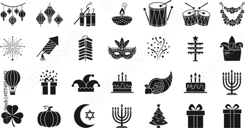 Collection of holiday and celebration icons including christmas hanukkah diwali new year masquerade and birthdays isolated on transparent background
