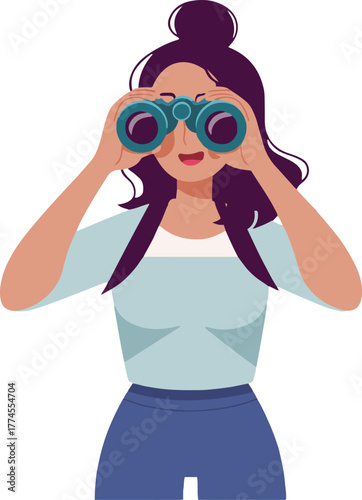 Woman looking through binoculars with arrow and plant on a green background illustration art