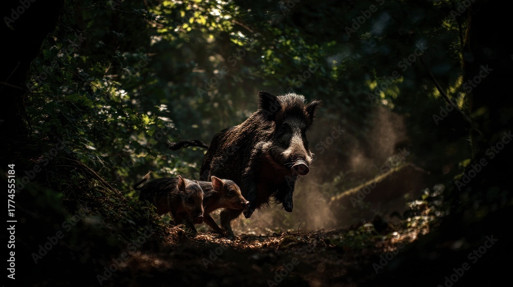 Fototapeta premium Wild boar family in forest