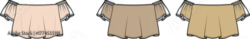 Fashion illustration of three off-the-shoulder tops in different shades of neutral beige and tan with delicate lace trim details