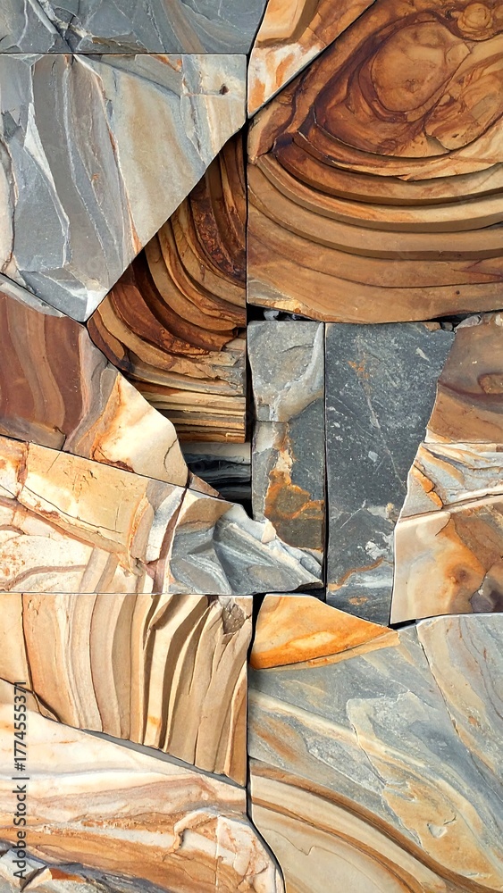 Obraz premium Abstract stone mosaic featuring swirling, layered patterns in warm browns, grays, and tans