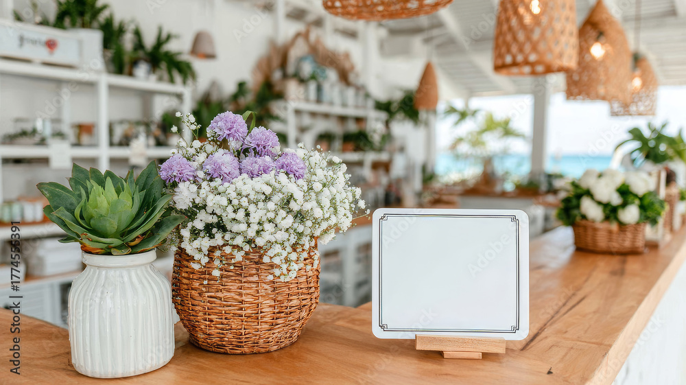 Fototapeta premium Blank white sign for custom text on a wooden counter, surrounded by flowers and a succulent in a bright beachside cafe setting