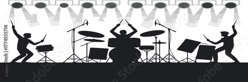 Monoline Icon Set of Musical Instruments - Electric Guitar, Drum Kit, Keyboard, and Studio Gear Vector