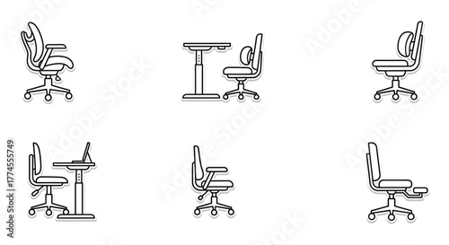 Ergonomic office chair designs for improved posture adjustable desk setups perfect for illustrating health and wellness concepts in workspace design.