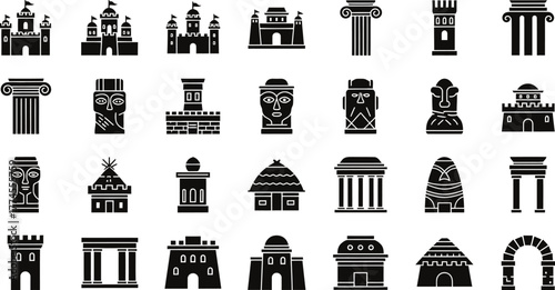 Collection of diverse architectural building icons and ancient column styles isolated on transparent background
