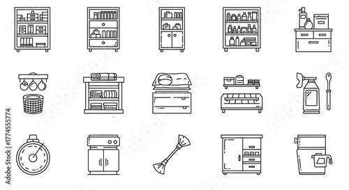 Household organization icons diverse furniture laundry  cleaning supplies perfect for home improvement blogs and decluttering tips guides.