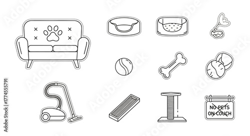 pet cleaning icons sofa dog bed and sign against pets on couch representing home hygiene pet care and maintaining a clean living space.