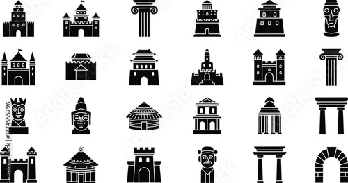 Collection of diverse architectural building icons and historical monument silhouettes isolated on transparent background