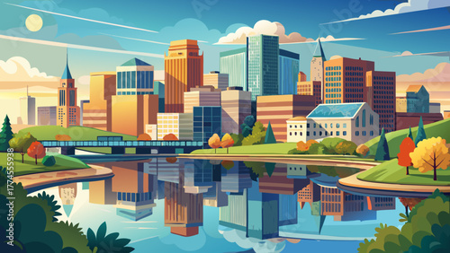 Very beautiful panoramic view of Cedar Rapids, Iowa, USA, featuring the downtown cityscape along the Cedar River, with modern buildings reflecting on calm waters under a clear sky.