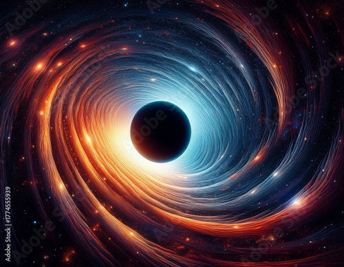 glowing black hole warping starfield in deep space with swirling motion