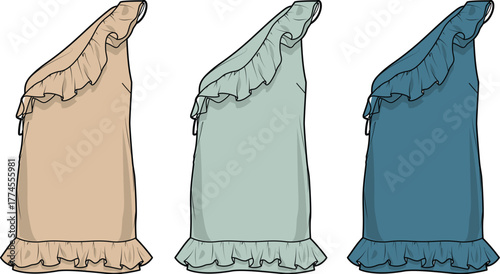 Ruffled One-Shoulder Dress Mockup in Different Color Options