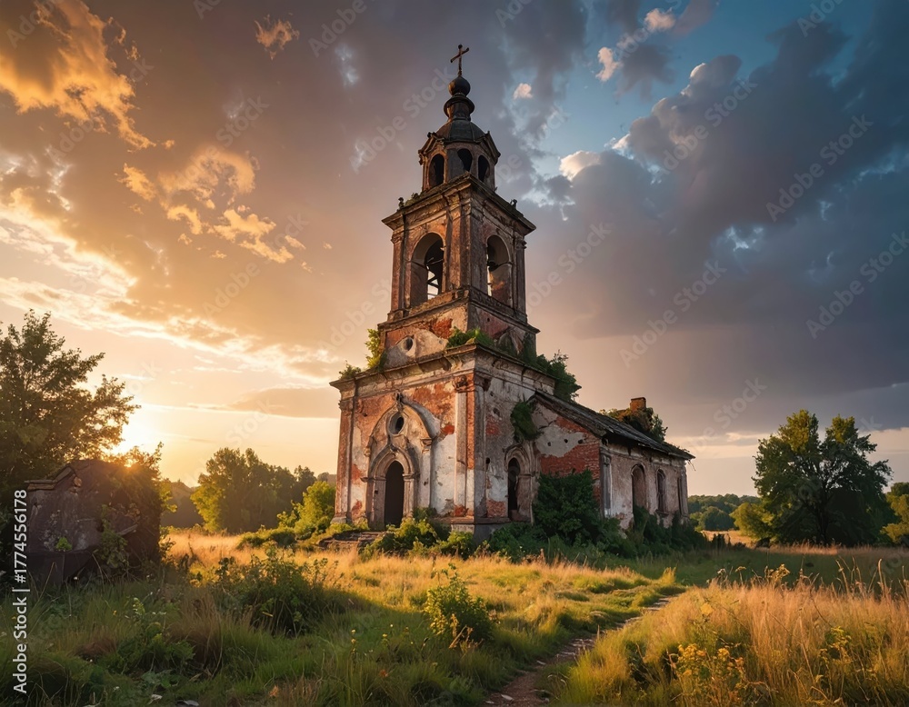 Naklejka premium Abandoned Church Ruins Bathed in Sunset Glow with Lush Greenery