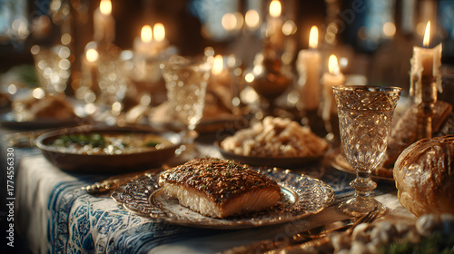 A beautiful Christmas table set with traditional Orthodox foods, including bread, fish, and wine, with candles