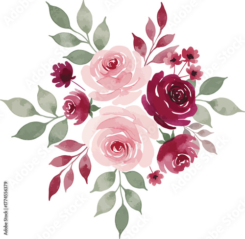 Watercolor pink and burgundy rose floral arrangement
