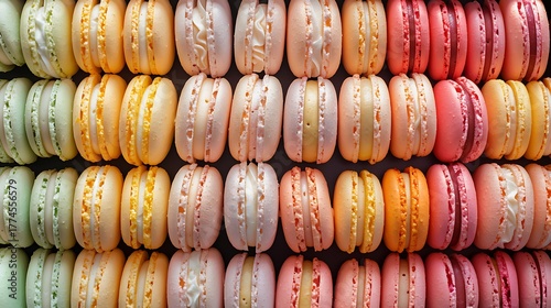A close up view of rows of colorful macarons in pastel shades stacked neatly together in a pattern
