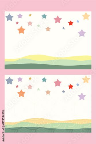 Minimal pastel star Christmas confetti isolated  in main white colour and yellow,green stripe  background. Insert with Japanese pattern Asanoha.