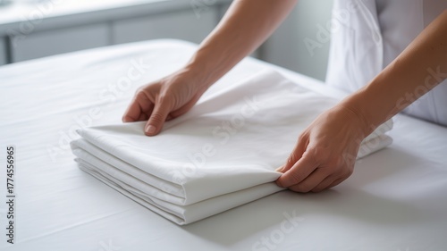 Hands carefully folding a stack of freshly laundered white linen sheets in a bright clean laundry room setting