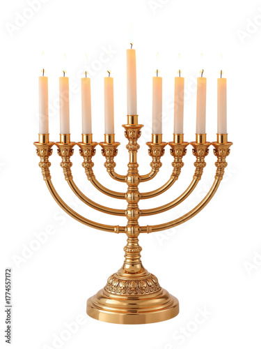 Golden Hanukkah Menorah with Burning Candles Isolated on White