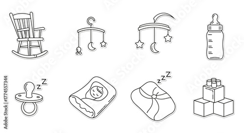 Baby icon set illustration with rocking chair bottle pacifier blocks and a sleeping blanket ideal for nursery designs and baby shower invitations.