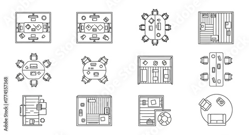floor plan symbols illustrating office layouts  furniture arrangements for interior design planning and architectural drawings in a professional workspace