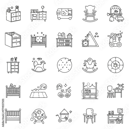 nursery room icons depicting baby furniture and toys showing childcare products for online sales promoting parenthood and early childhood development
