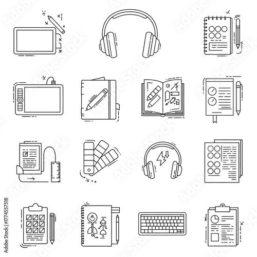 Graphic design tools illustration digital devices  art supplies for creative process perfect for design blogs illustrating art  technology integration.