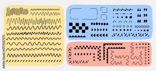 Vector illustration. Hand drawn doodle shapes, corners, curved lines for frame, border, composition. Design elements for cover, brochure, magazine, poster, flyer. Flat trendy abstract color background