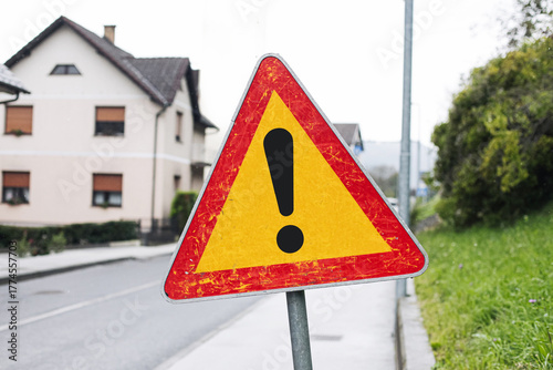 Warning road sign with exclamation mark near houses. Attention symbol on street in residential area. Safety and traffic caution concept with triangle sign on roadside and suburban background.