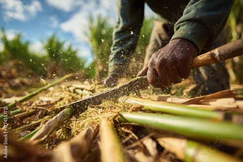 Manual harvesting of sugarcane by a farmer using a sharp machete in a sunny field.