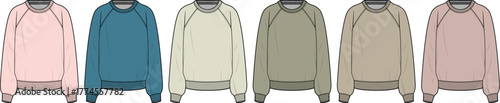 Collection of six crewneck sweaters in various muted pastel and earth tone colors, presented in a flat lay or studio shot