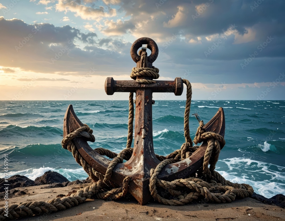 Fototapeta premium Rusty Anchor on Seaside with Waves and Dramatic Clouds at Sunset