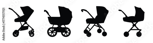 Four silhouette images of baby strollers different styles and designs for newborns