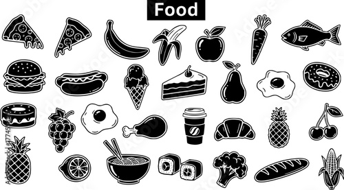 Black and White Food Icons Set - Cartoon Vector Collection of Diverse Meal Items, Fruits, Vegetables, Fast Food, and Desserts Clipart