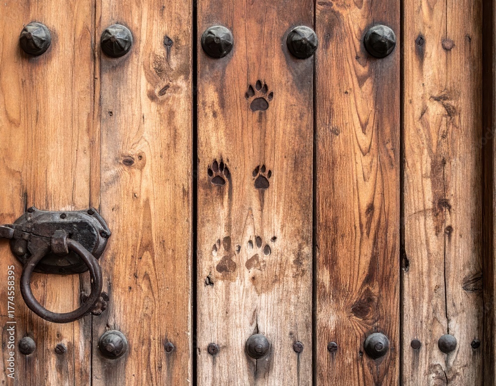 Fototapeta premium Wooden Door with Paw Prints and Decorative Hardware Elements