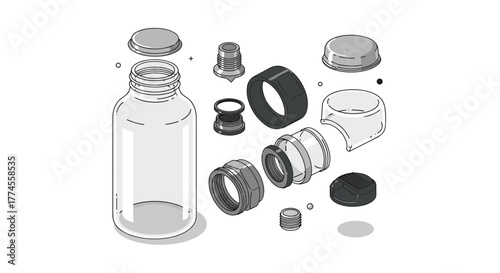 Exploded view of a glass bottle with detailed components and lids in isometric style