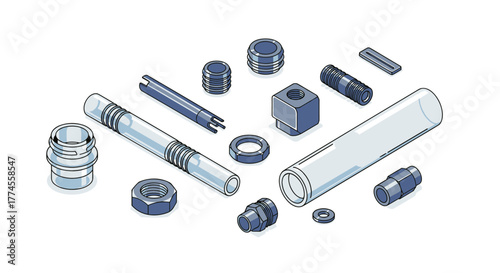 Isometric mechanical parts set: bolts, nuts, pipes, and connectors in blue tones