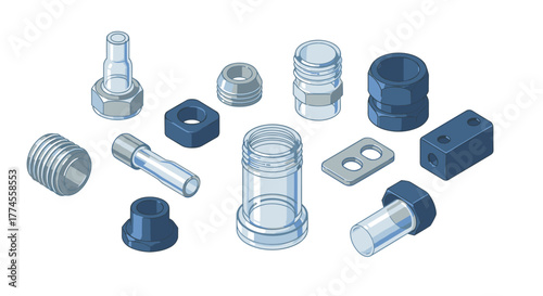 Isometric industrial connectors and fasteners set in blue tones