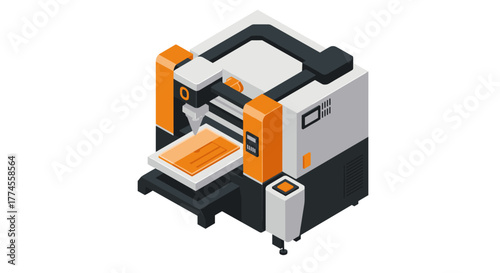 Isometric 3d printer design with orange and gray accents