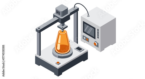 Isometric 3d printer with glass object on display in modern studio design