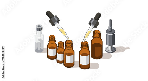 Isometric medicine bottles and droppers on white background for pharmacy and health