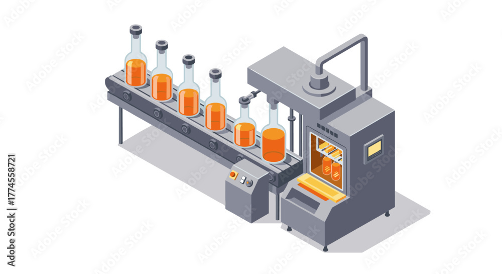 Obraz premium Automated beverage production in isometric design with conveyor and filling machine