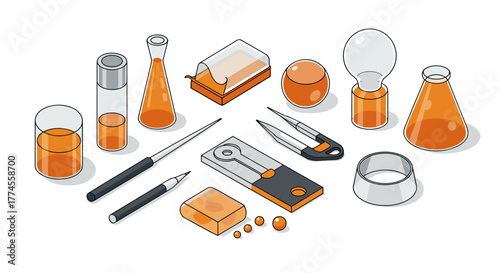 Isometric laboratory equipment with orange liquids and tools on white background