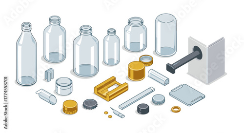 Glass and plastic bottles with caps and tools in isometric style