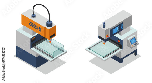 Dual 3d printers creating intricate designs in modern isometric style