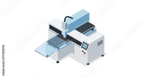 Isometric cnc machine with control panel and conveyor on white background
