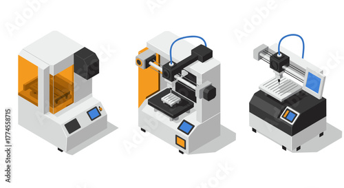 Modern 3d printing machines in isometric style featuring advanced technology
