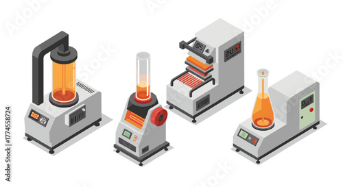 Isometric industrial equipment set with laboratory machines for chemical processing
