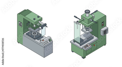 Isometric design of industrial press machines with green details
