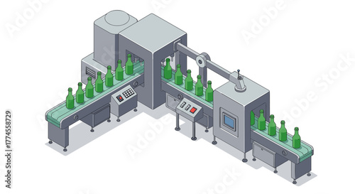 Isometric beverage factory with conveyor belt and machines