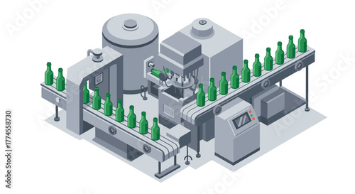 Isometric beverage bottling production line with conveyor and machinery